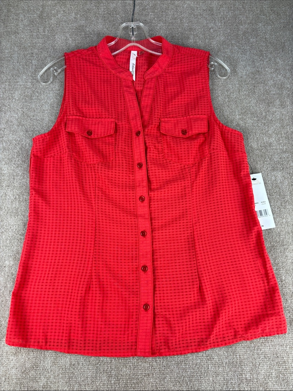 NY Collection Red Sleeveless Button-Down Shirt with Chest Pockets Size PM NWT